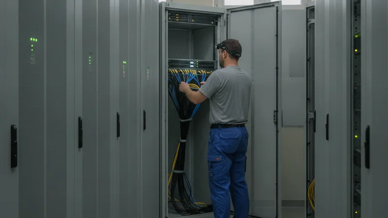 Techniker prüft die Verkabelung in einem geöffneten Serverschrank in einem nüchternen Rechenzentrum