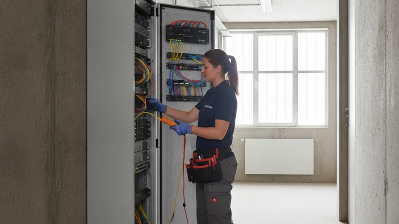 Technikerin prüft Patchkabel und Firewall-Hardware in einem geöffneten Netzwerkschrank