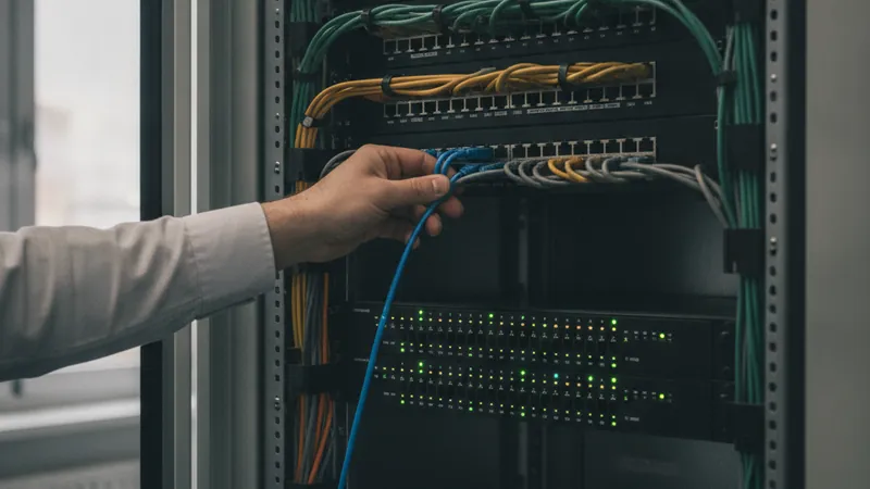 Hand zieht ein Patchkabel aus einem Verteilerfeld im Netzwerkschrank