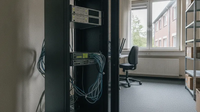 Kleiner 19-Zoll-Serverschrank mit zwei kompakten Servern in einem Büroraum