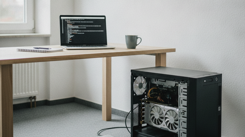 Kompakte Workstation mit Grafikkarte neben einem Schreibtisch in einem deutschen Büro, daneben ein Notebook mit offenem Terminal
