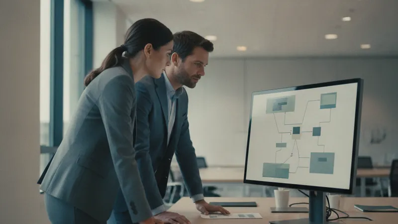 Zwei Personen stehen vor einem Monitor und besprechen ein Diagramm