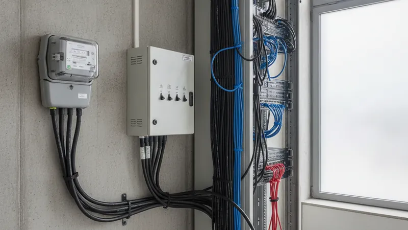 Stromzähler und Verteilung an der Wand eines Serverraums