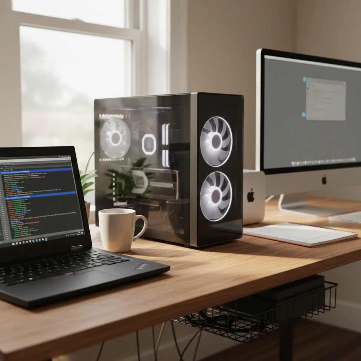 Drei Computer-Generationen auf einem Schreibtisch: ein älterer ThinkPad mit Linux-Terminal, ein Mid-Tower-PC mit Grafikkarte und ein Mac Studio – jede Hardware-Klasse mit eigenem passenden lokalen Sprachmodell.