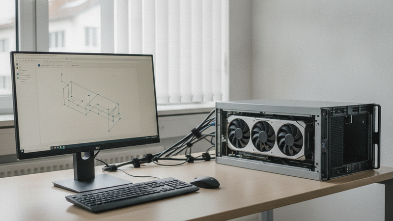 Kompakter Server mit GPU in einem Büroraum, daneben ein Arbeitsplatz mit Monitor