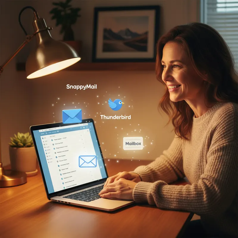 Zufriedene Nutzerin am Laptop mit einer modernen E-Mail-Oberfläche – umgeben von schwebenden Icons der Webmail-Alternativen SnappyMail, Thunderbird und Mailbox