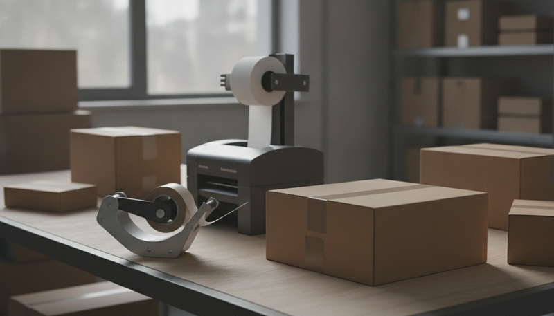 Packtisch mit Etikettendrucker, leerem Etikett, verpacktem Paket und Klebebandabroller