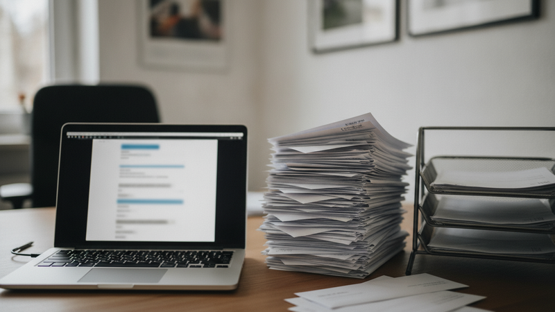 Schreibtisch mit Laptop, der ein unscharfes Rechnungsdokument zeigt, daneben ein Stapel Papierrechnungen, Umschläge und eine Briefablage