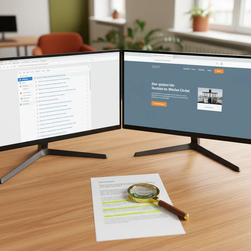Zwei Monitore auf einem Holzschreibtisch, einer zeigt Suchergebnisse mit nummerierten Quellenangaben, der andere eine Unternehmenswebseite, dazwischen eine ausgedruckte Liste mit gelb markierten Zitaten und einer Lupe — dokumentarisches Bild aus deutschem Büro