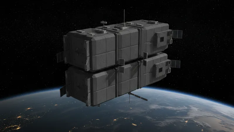 Illustration eines dunkelgrauen modularen Militärraumfahrzeugs ohne Fenster über der Nachtseite der Erde