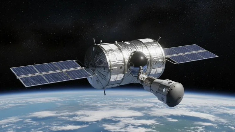 Illustration einer einzelnen zylindrischen Raumstation mit Kuppelfenster, zwei Solarflächen und angedockter Crew-Kapsel im Erdorbit