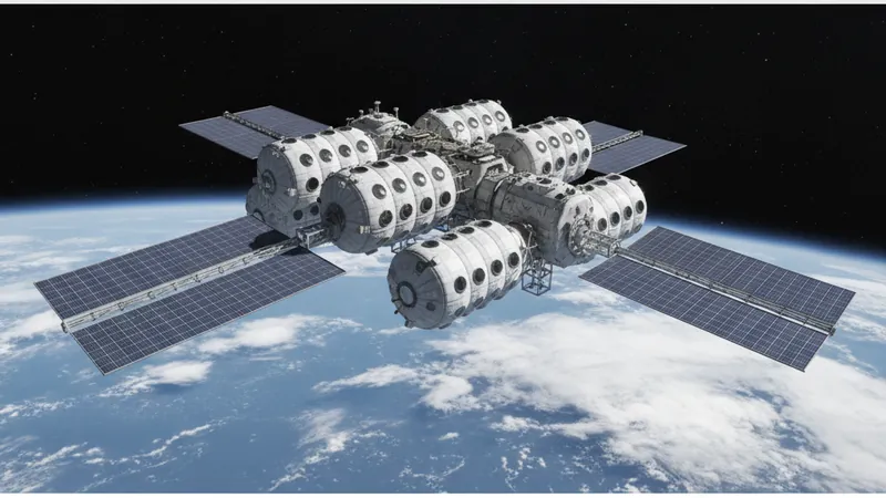 Illustration einer Raumstation aus mehreren dicken aufblasbaren Modulen mit vielen runden Fenstern und breiten Solarflächen