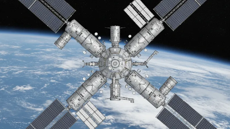 Illustration einer modularen Raumstation mit mehreren Zylindermodulen um einen zentralen Knoten und großen Solarflächen