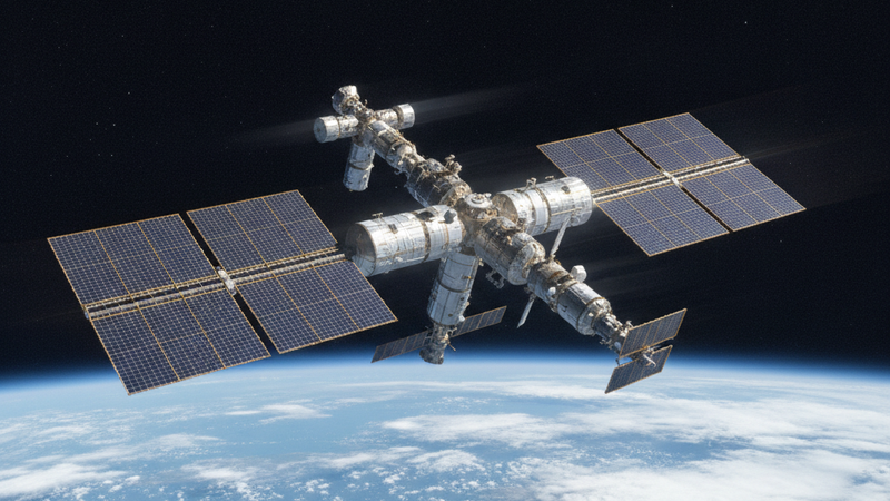Modulare Raumstation mit Solarflächen im Erdorbit vor dem blauen Horizont der Erde