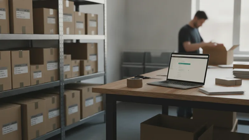 Kleines Versandlager mit beschrifteten Kartons im Regal und einem Packtisch mit Laptop