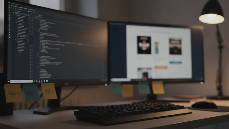 Entwicklerarbeitsplatz mit zwei Bildschirmen, links unscharfer Programmcode, rechts eine unscharfe Shop-Ansicht, davor eine Tastatur