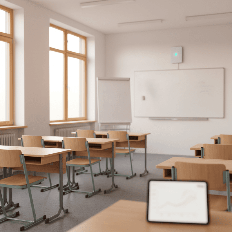 Labor- und Klassenraumumgebung mit CO2-Anzeige, Kühlschrank und Sensor