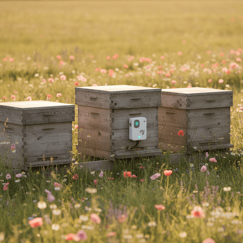 Bienenstöcke auf einer Wiese mit Stockwaage und kleinem Sensor