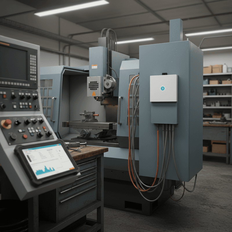 Industrieanlage mit Schaltschrank, Messsensor und Dashboard-Anzeige