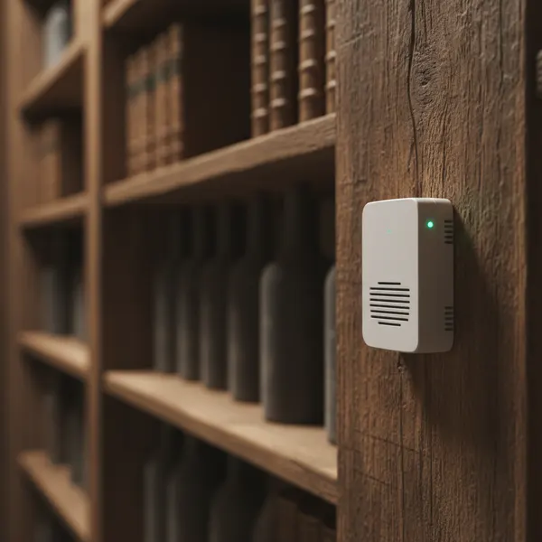 Sensor an einer Holzwand in einem Archiv oder Lagerraum