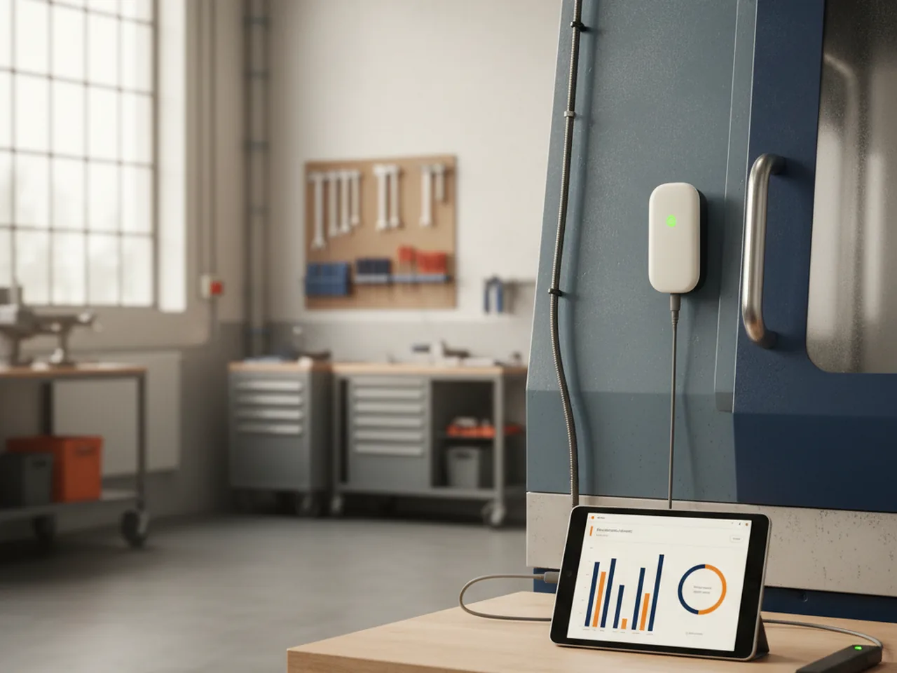 Maschinen-Vibrationssensor in der Werkstatt mit Tablet-Dashboard