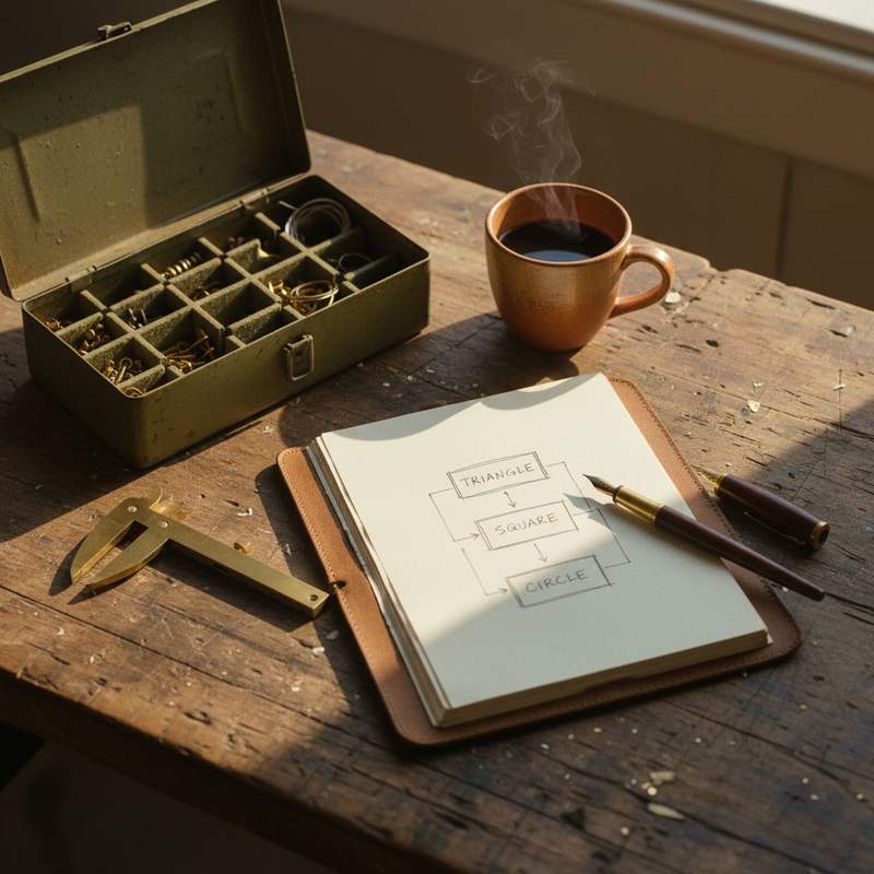 Arbeitstisch mit aufgeschlagenem Notizbuch und handgezeichneter Architektur-Skizze, Werkzeuge und Kaffeetasse im warmen Licht