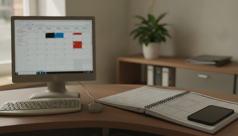 Praxisempfang mit Monitor in Wochen-Kalenderansicht, aufgeschlagenem Papierkalender und Smartphone