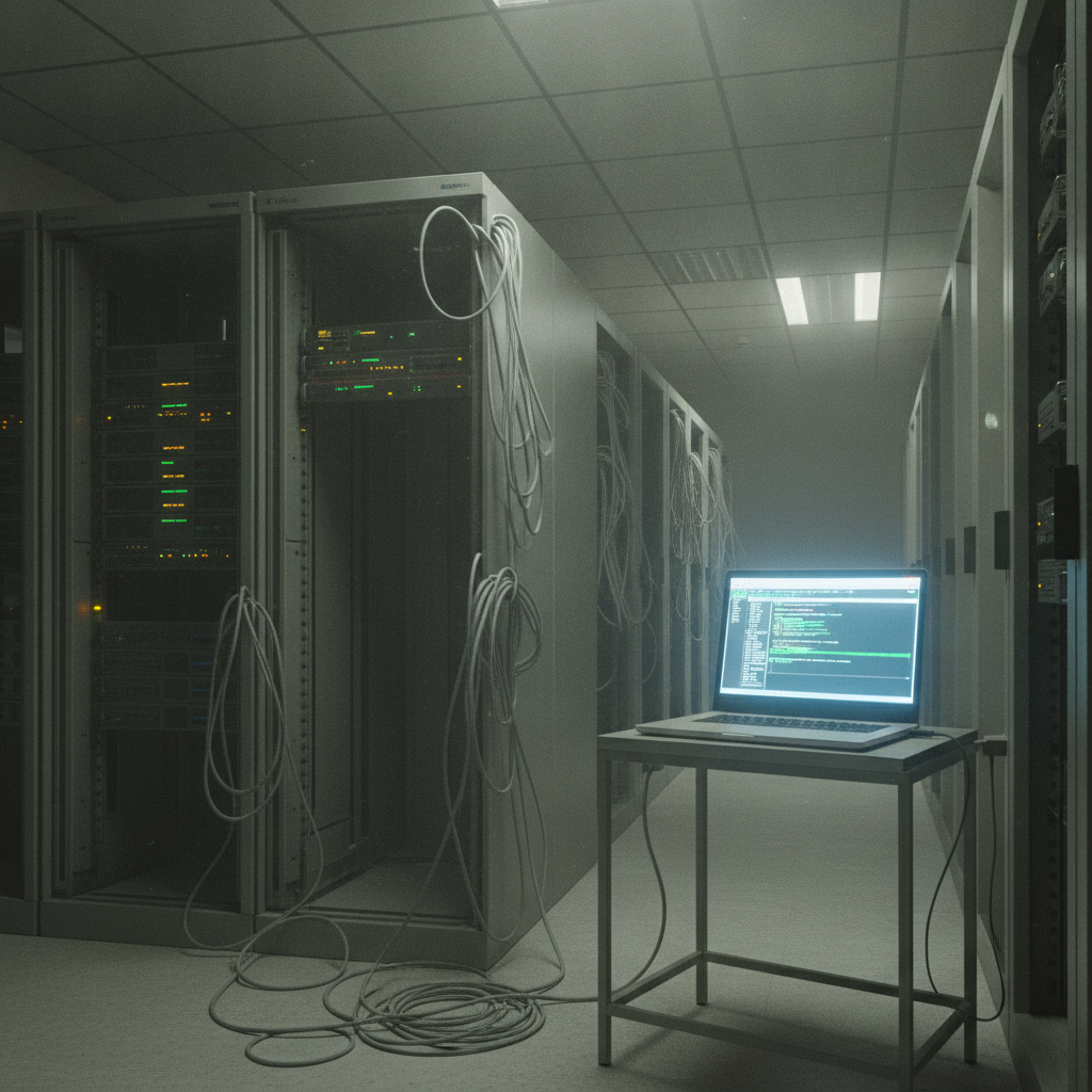 Kontrast zwischen veraltetem Server-Rack und modernem Laptop mit Terminal