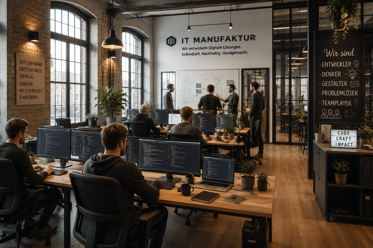 Manufaktur der Netzhandwerker – Arbeitsplätze mit Monitoren, Whiteboard mit Skizzen, helle Loft-Atmosphäre