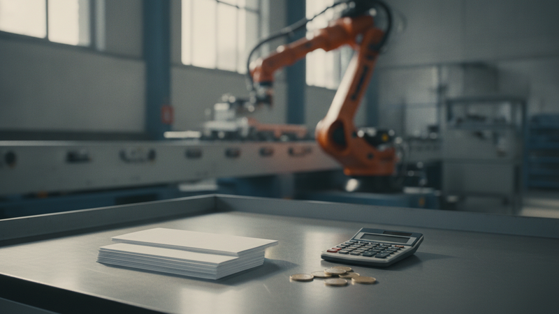 Fertigungshalle mit orangefarbenem Industrieroboter im Hintergrund, im Vordergrund auf einem Stahltisch ein Stapel Umschläge, ein Taschenrechner und einige Euromünzen – Sinnbild für Automatisierung und Einkommen