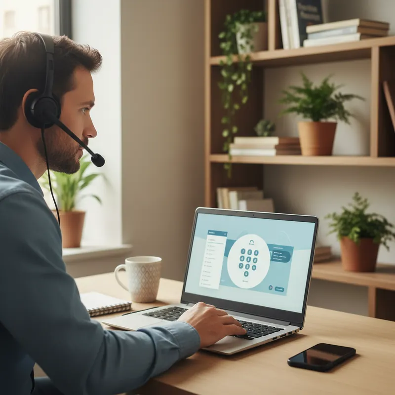 Mann mit Headset am Schreibtisch im Home Office, auf dem Windows-Laptop läuft ein Softphone-Client mit Zifferntastatur