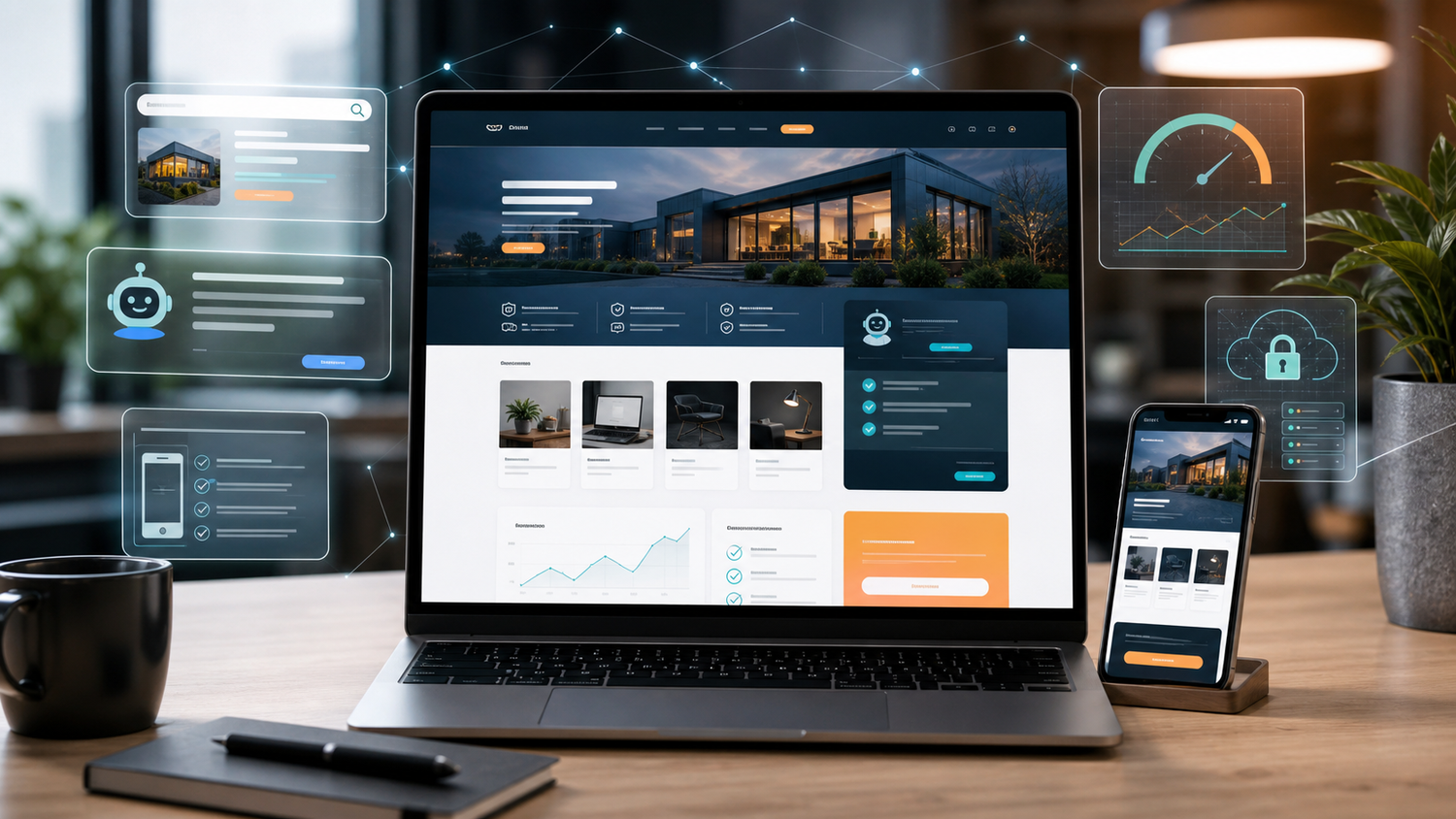 Moderner Arbeitsplatz mit Laptop, Smartphone und visuellen Modulen für Website, KI-Assistent, Sicherheit und Performance