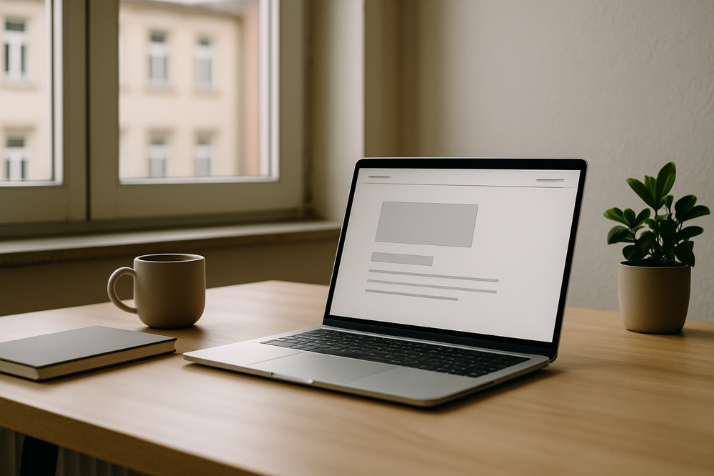 Moderner, aufgeräumter Arbeitsplatz mit Laptop, auf dem eine schnelle, klar gestaltete Website bei Tageslicht zu sehen ist