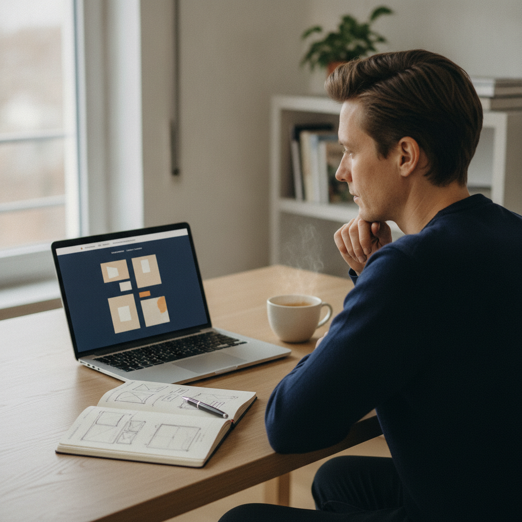 Person am Schreibtisch, die überlegt, ob sie ihre Website selbst baut oder bauen lässt, mit Laptop und Notizen bei Tageslicht