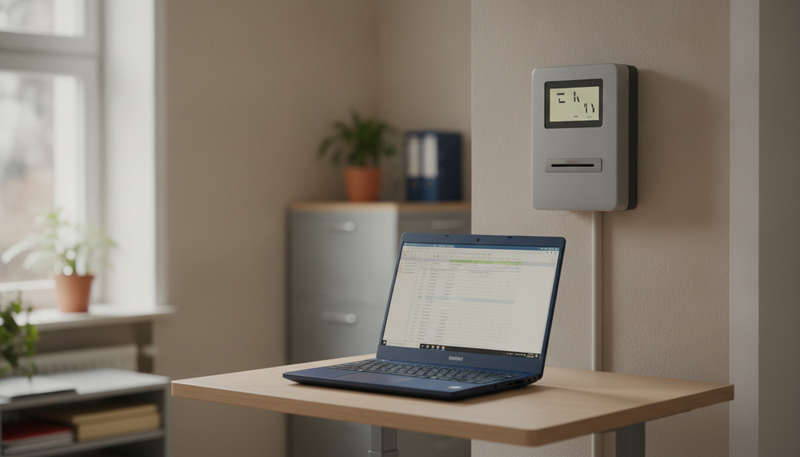 Zeiterfassungsterminal an der Wand im Flur, darunter ein Laptop mit Stundentabelle auf einem Stehpult