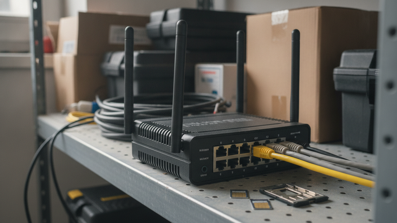 Mobilfunk-Router mit vier Antennen auf einem Regal, davor zwei SIM-Karten und ein SIM-Halter